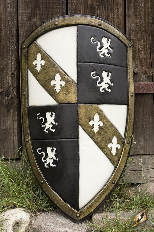 Escudo Leones Caballero Medieval Blanco/Dorado en látex, 80x50 cm.