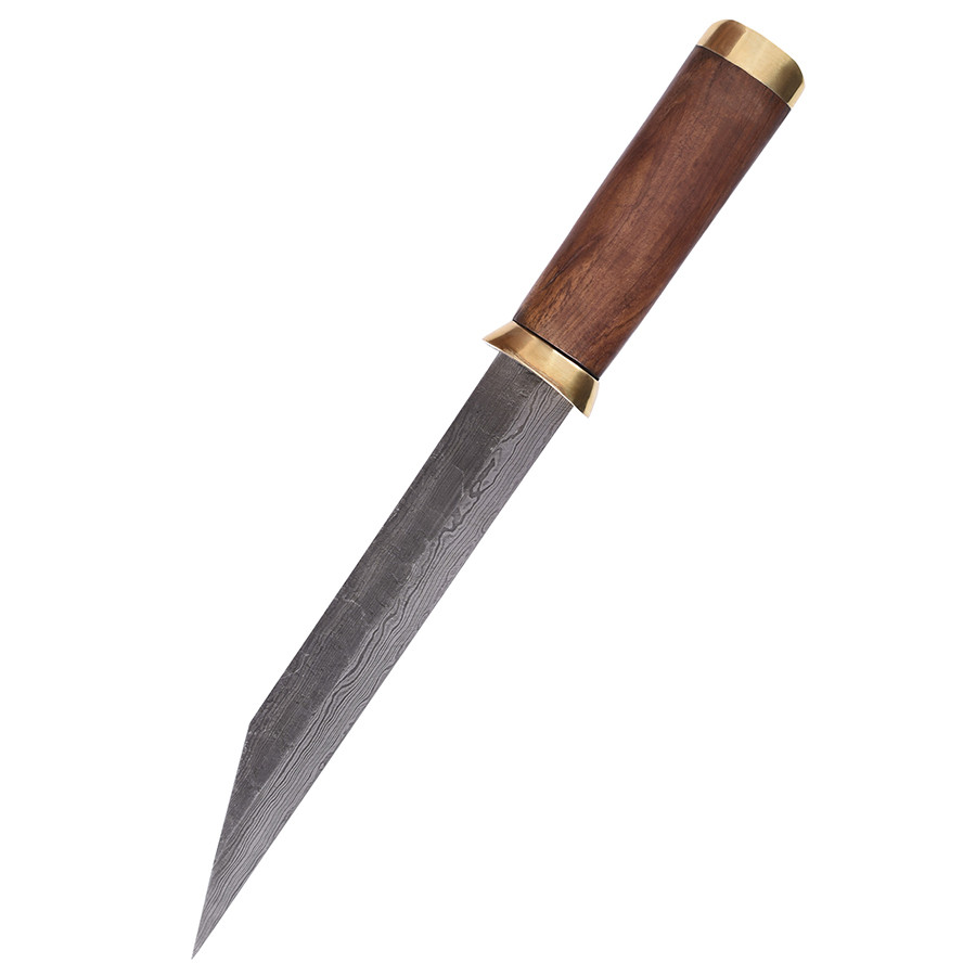 Cuchillo Seax hoja acero damasco, funda de ante marrón