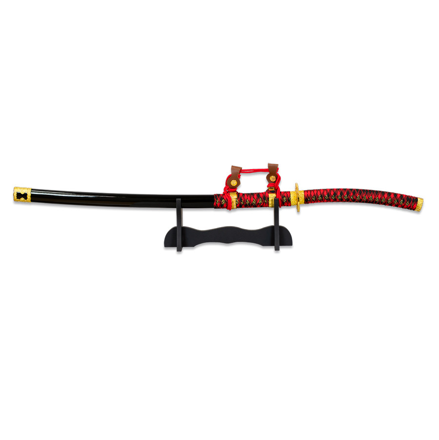 Katana tachi decorativa roja-negra con soporte