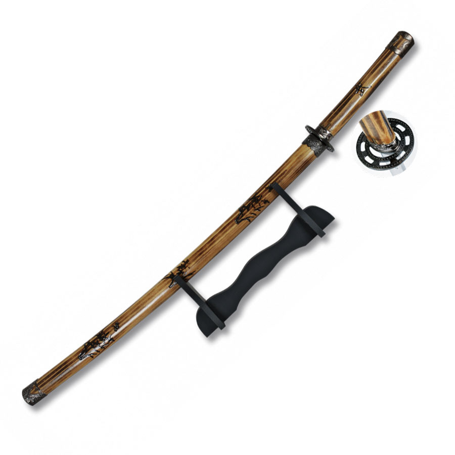 Katana decorativa con funda de madera grabada