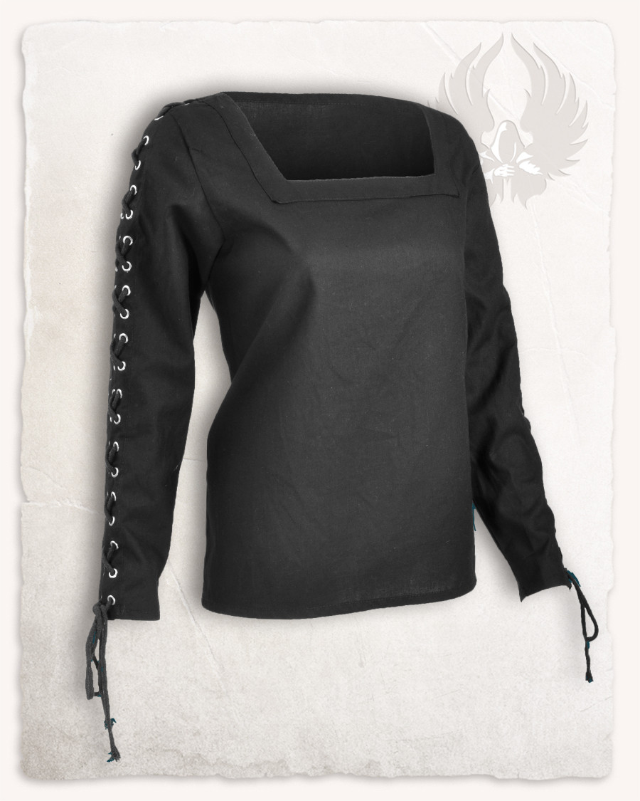 Blusa medieval mujer Abby negra con ojales y cordeles cruzados