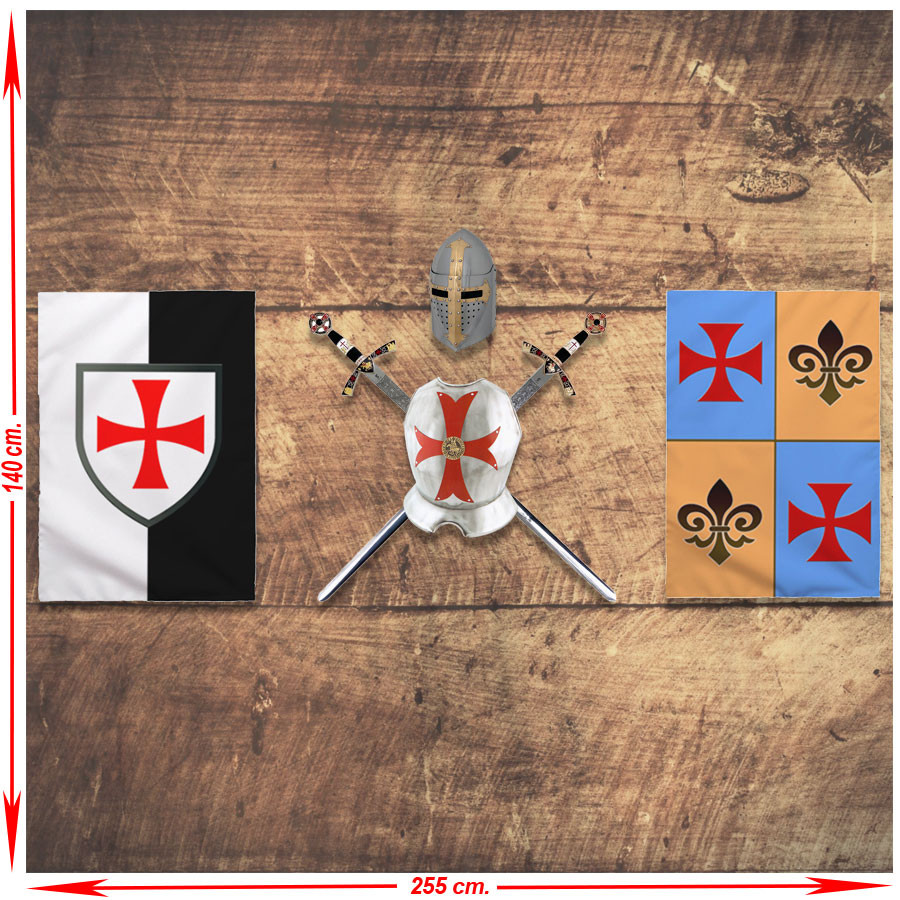 Panoplia de los Caballeros Templarios.  espadas, pectoral, casco y estandartes
