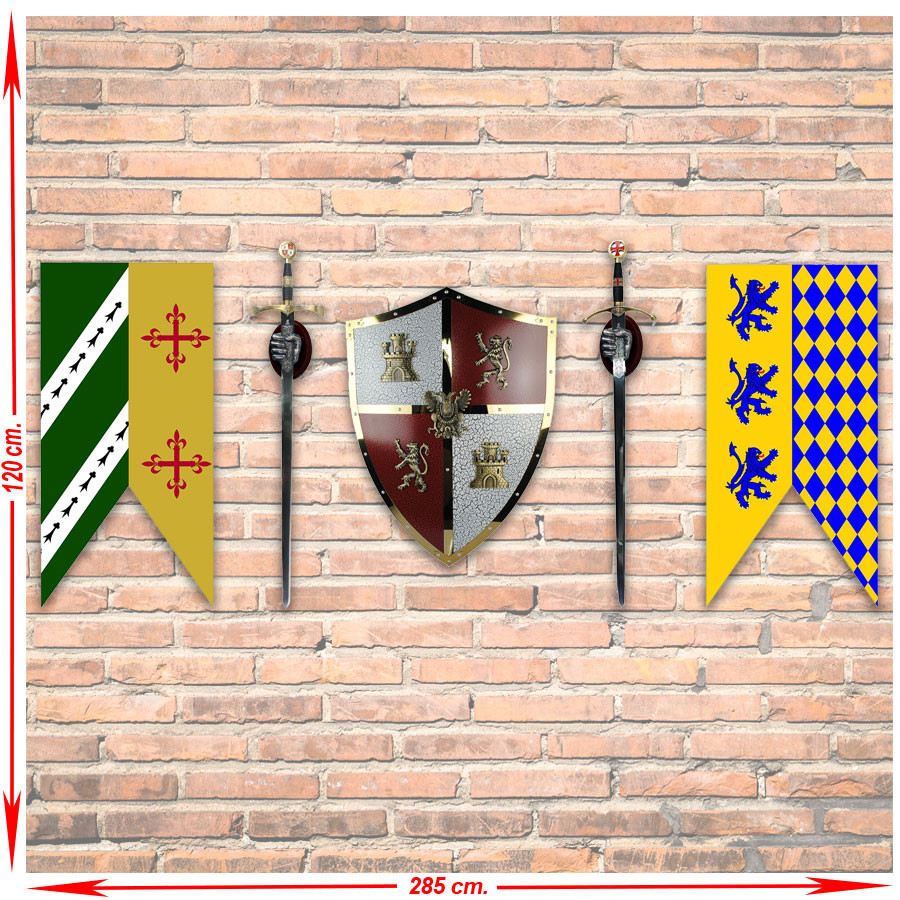 Panoplia medieval Castilla y León con espadas, estandartes y escudo