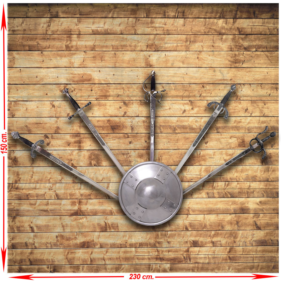 Panoplia (2) con cinco espadas medievales reales e históricas con escudo