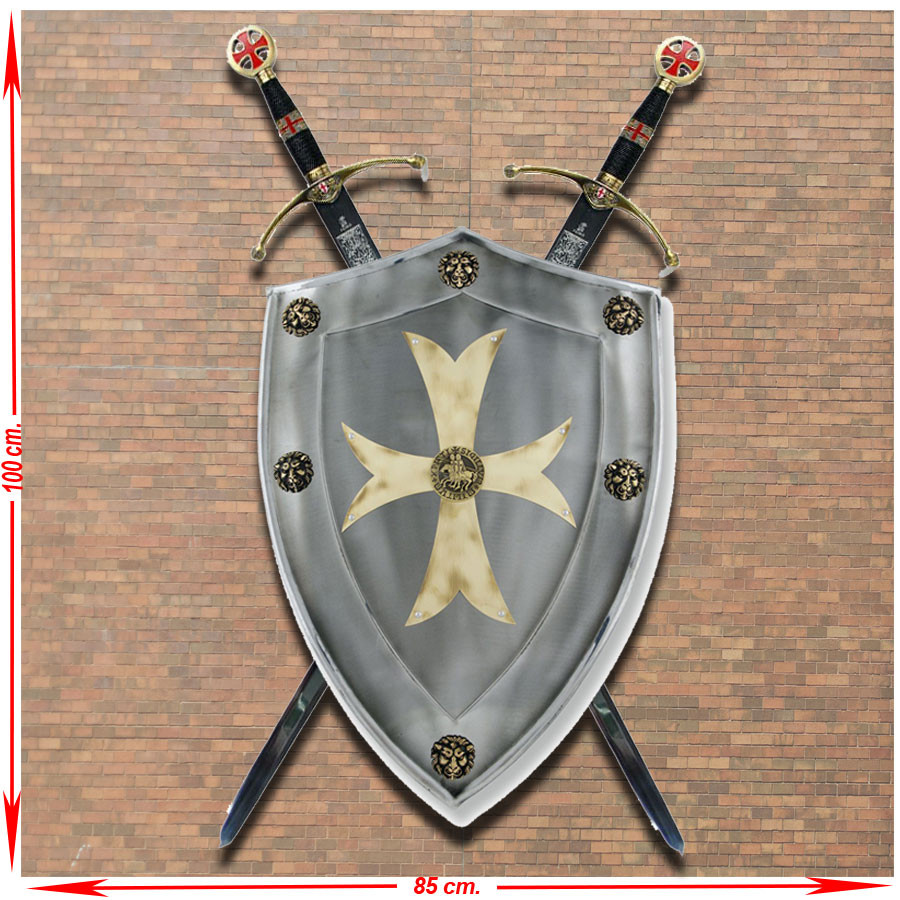 Panoplia rústica de los Caballeros Cruzados con escudo y espadas