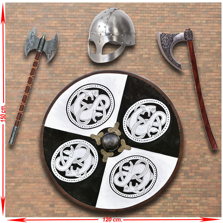 Panoplia de armas Vikingas con escudo, hachas y casco