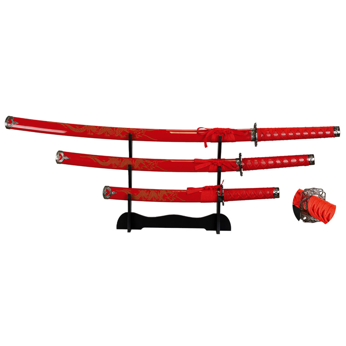 Set de 3 katanas Dragón rojas con stand de sobremesa