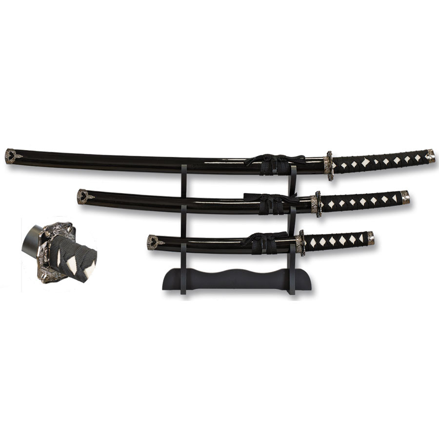 Set negro Tole10 de katana, wakizashi y tanto con stand de sobremesa
