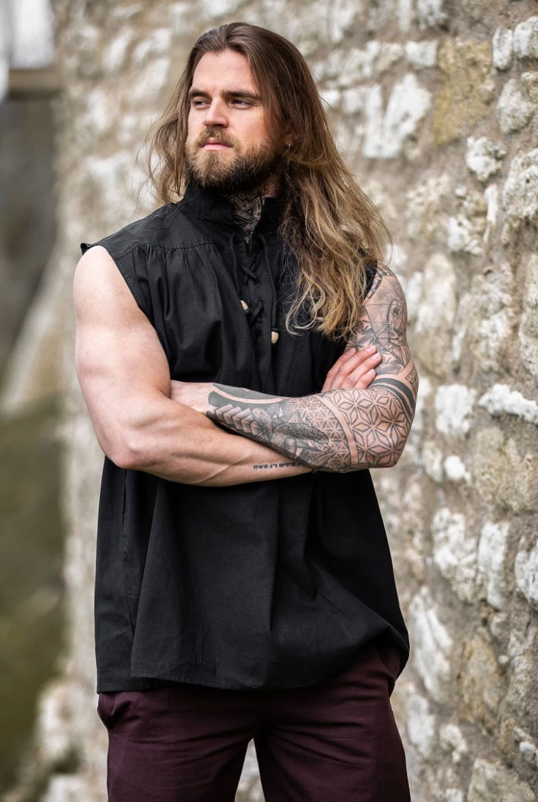 Camisa medieval negra sin mangas, modelo Louis
