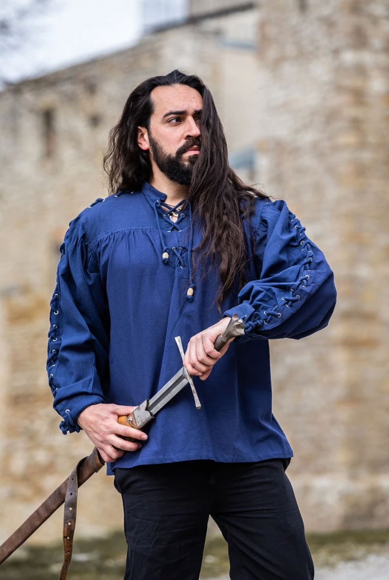 Camisa medieval Adrián con cordones, color azul