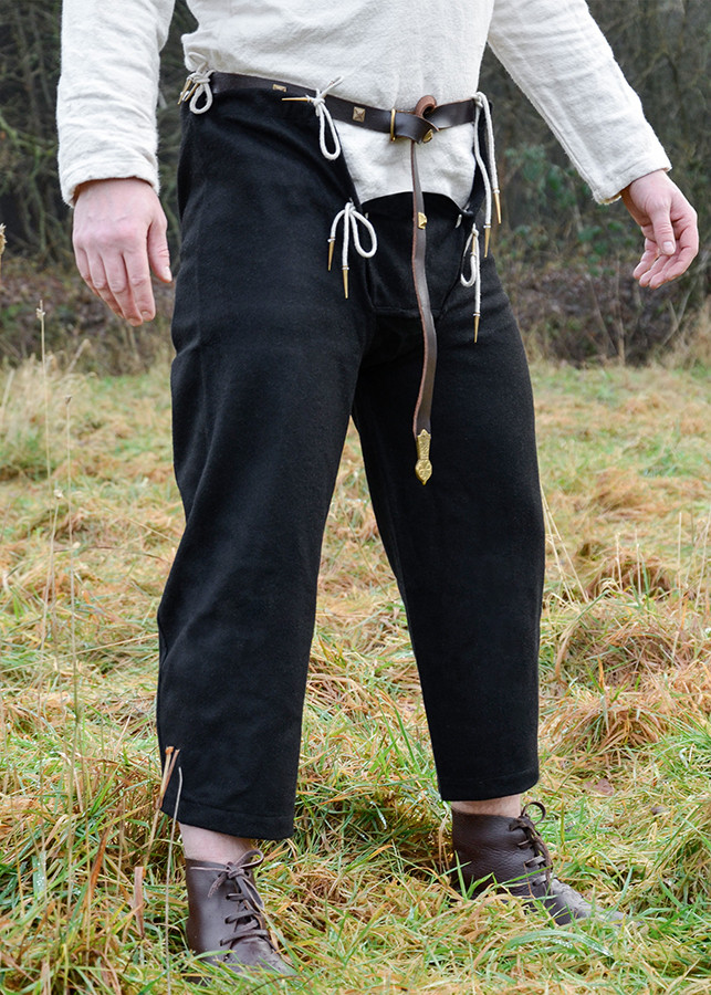 Pantalón medieval de lana con cordones, color negro