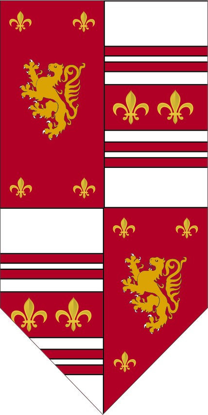 Estandarte Medieval cuartelado con león rampante y flor de lis
