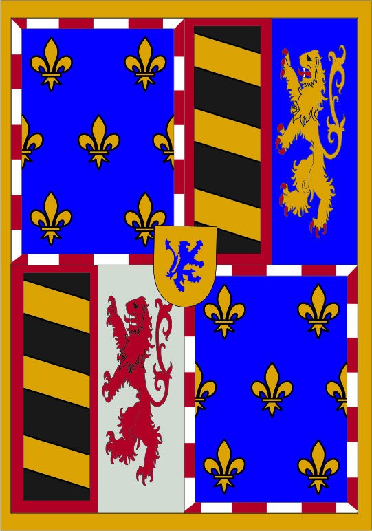 Estandarte Medieval cuartelado juego leones, flor de lis y bandas
