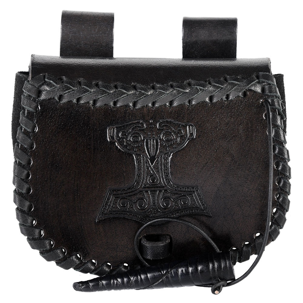 Bolsa Vikinga martillo de Thor en piel negra, para llevar en el cinturón