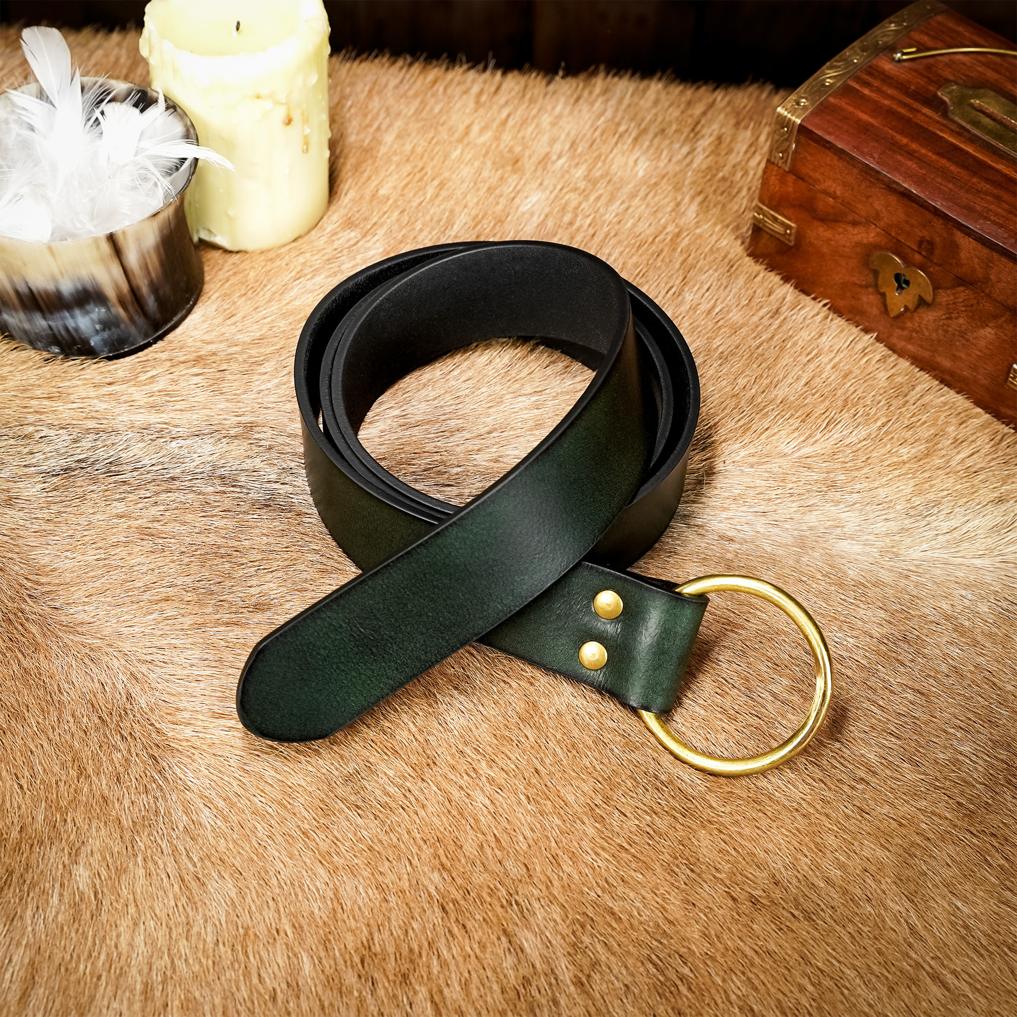 Cinturón verde artesanal de Fantasía en piel, hebilla de aro