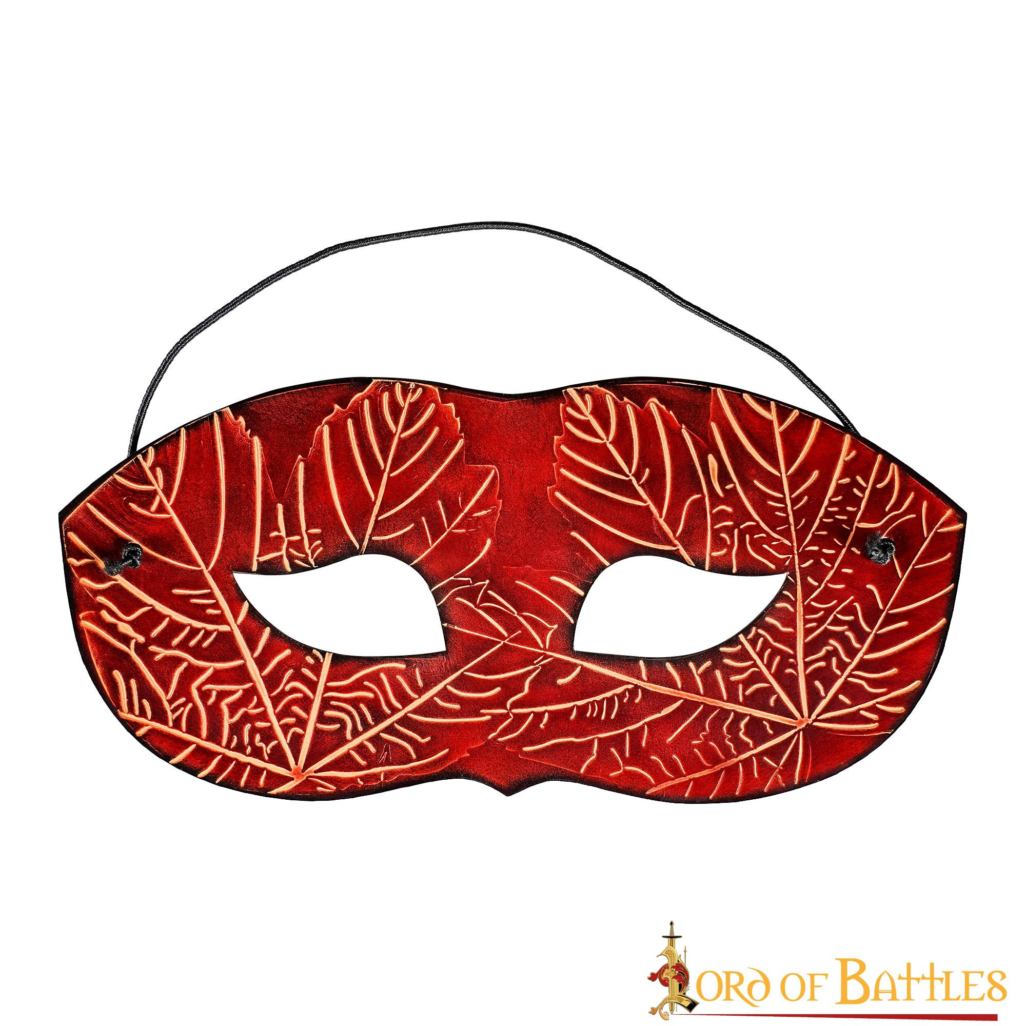 Antifaz rojo en piel con motivos de hojas de arce en relieve