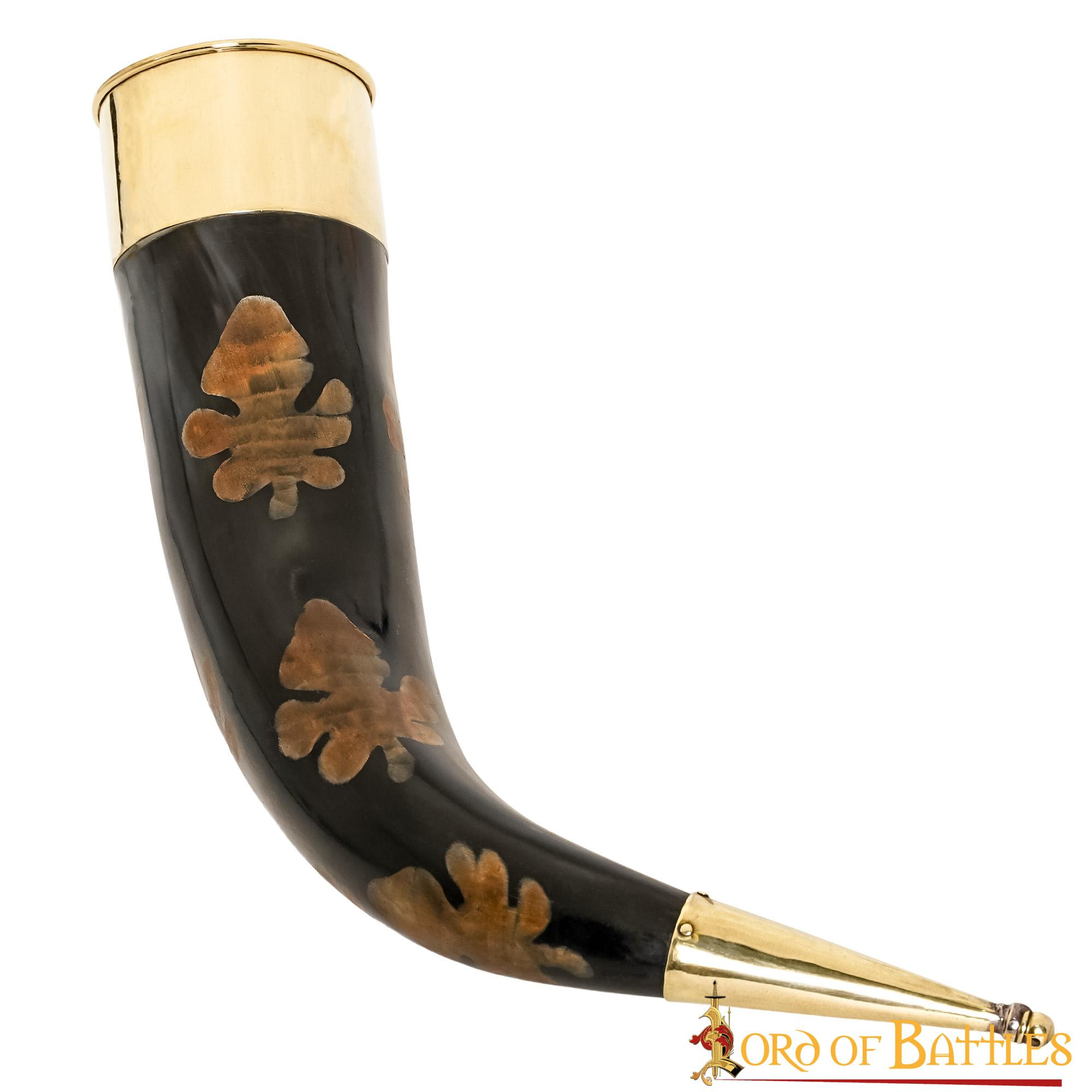 Cuerno para beber con motas carbonizadas y accesorios de latón