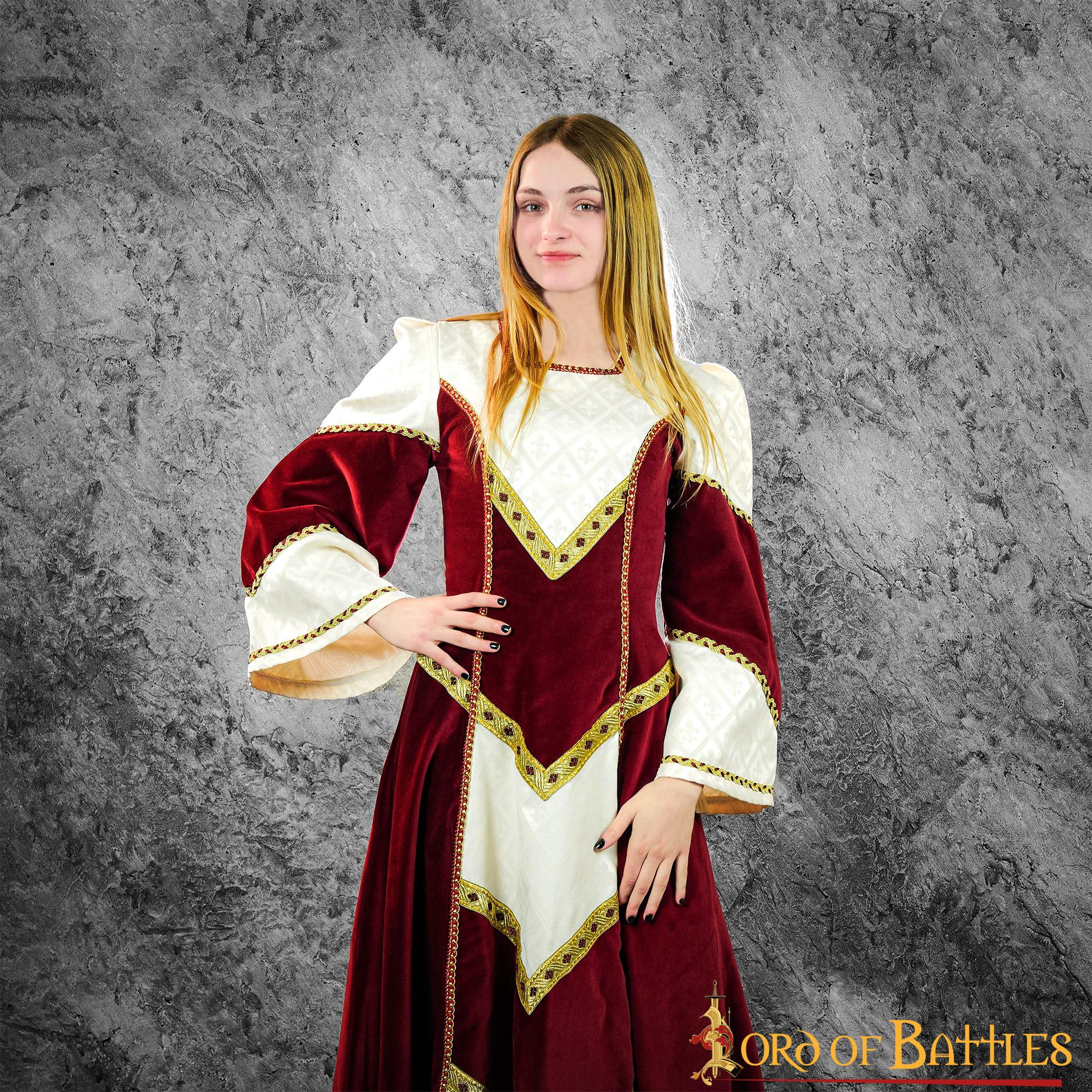 Vestido Medieval Noble Catalina con brocados - Granate y Crudo