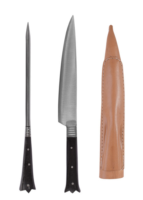 Set 2 cubiertos medievales almenados largos - mango asta de cuerno