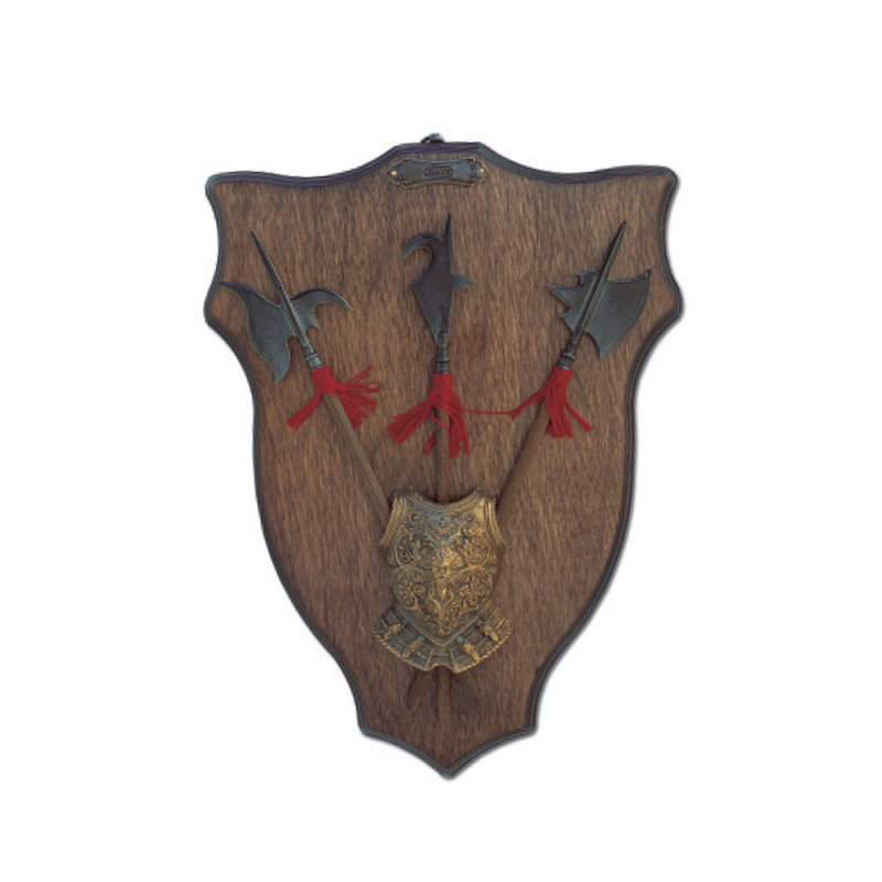 Panoplia medieval con 3 alabardas y peto (40x28 cm.)