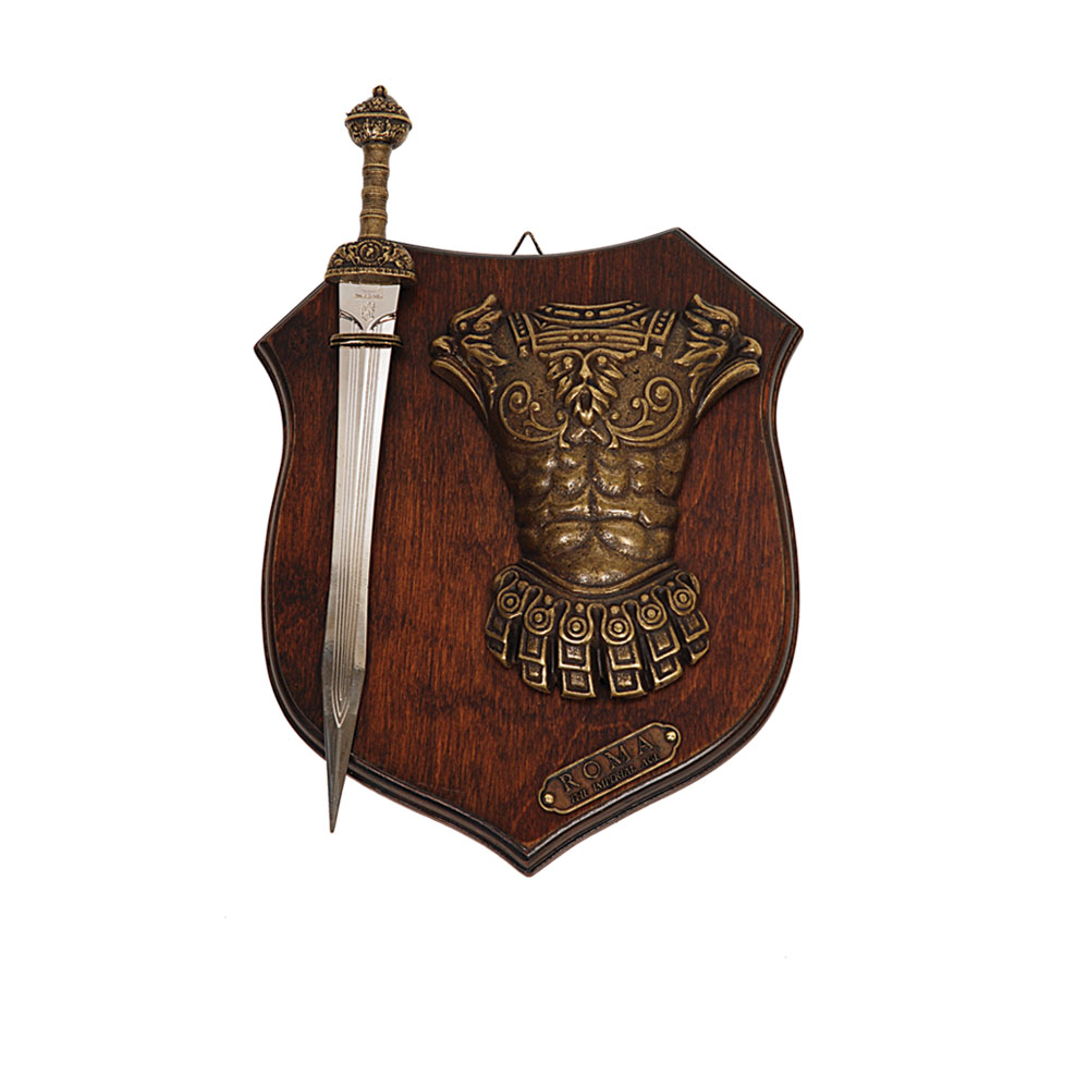 Panoplia de armas con espada gladius y lorica romana (26x18 cm.)