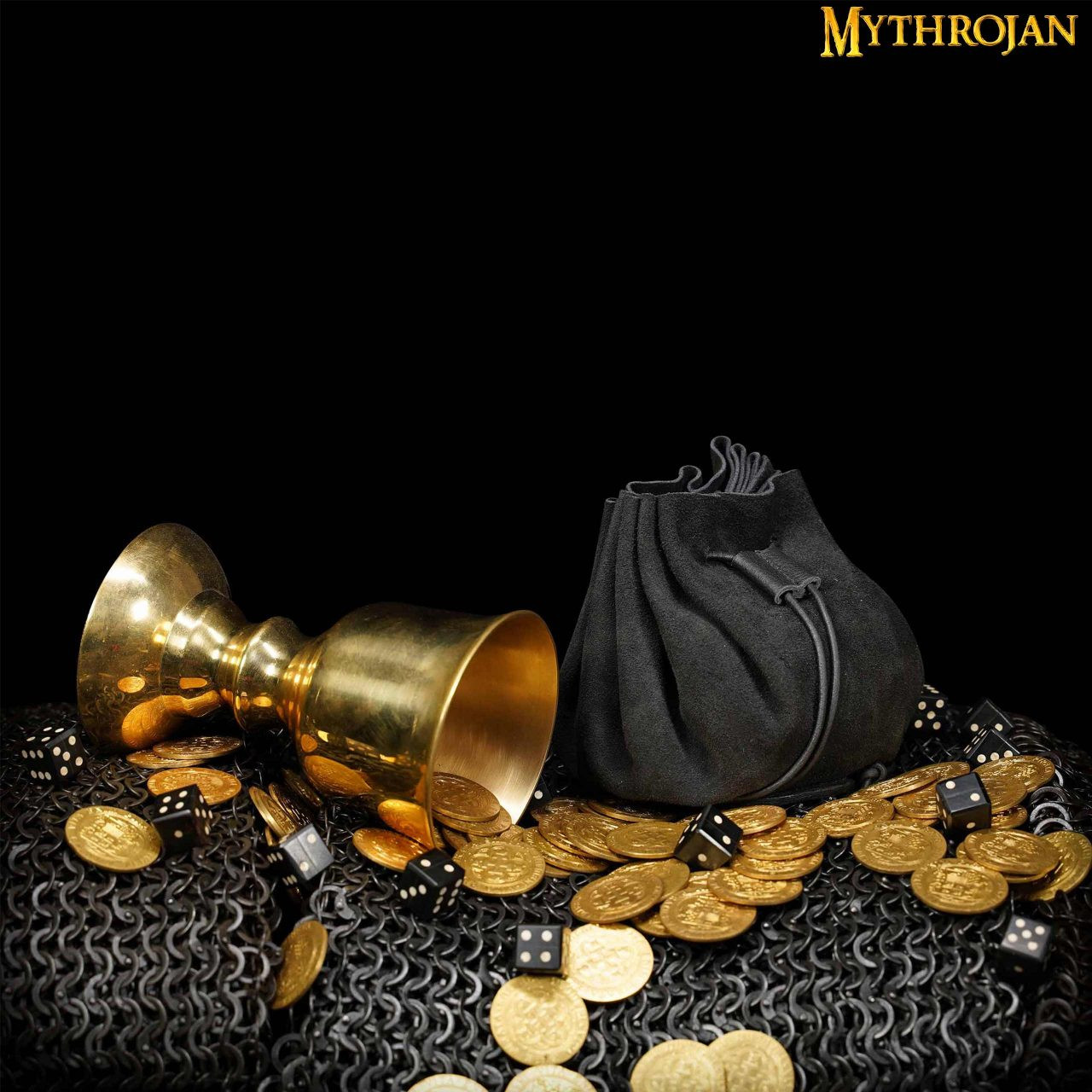 Bolsita medieval para recreaciones, oro y dados - Negra