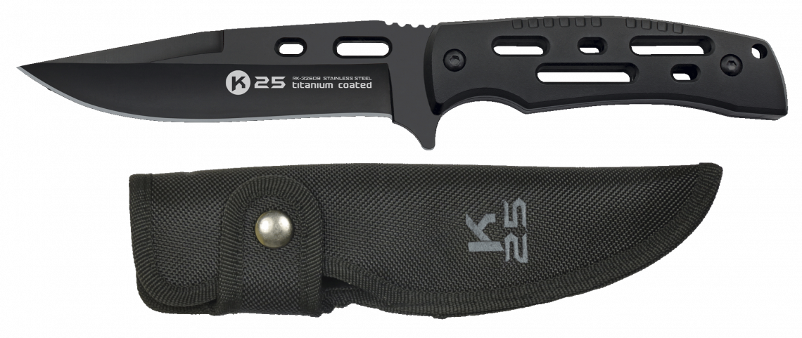 Cuchillo táctico K25 negro, hoja sin sierra