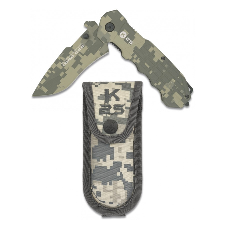 Navaja táctica marca K25 Camo Coated con funda (22,3 cm.)