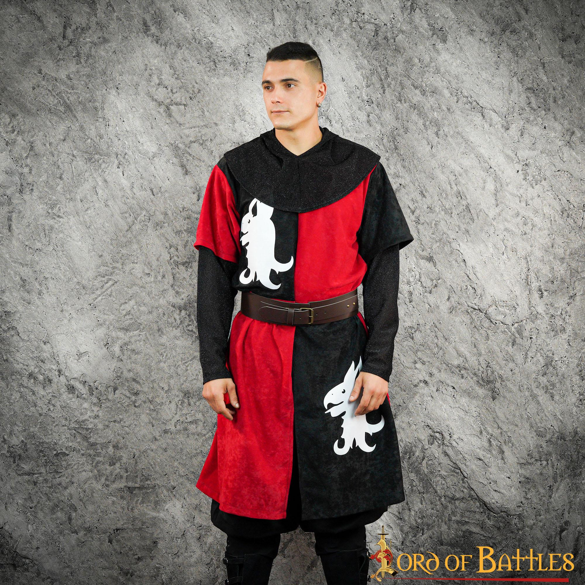 Tabardo medieval cuartelado rojo-negro Dragón