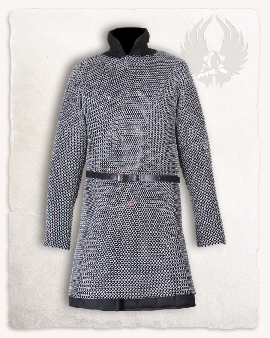 Cota de malla medieval larga modelo Richard, acabado acero