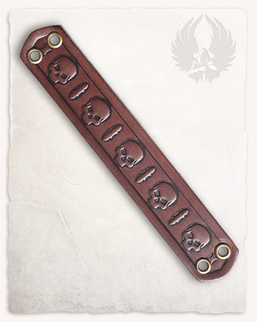 Pulsera pequeña gótica de calaveras y espadas, cuero marrón