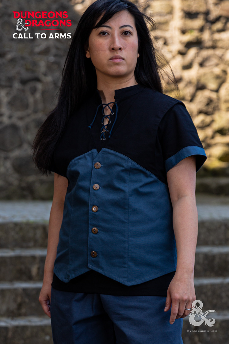 Chaleco medieval con capucha de Pícaro, negro-azul