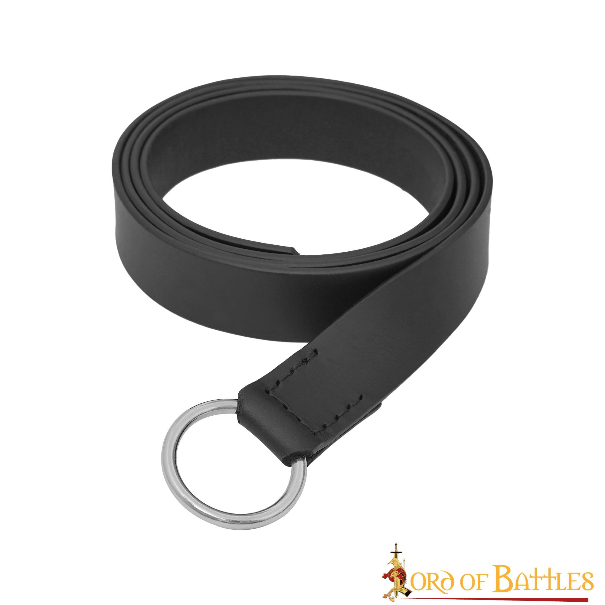 Cinturón medieval cuero hebilla circular acero, negro.