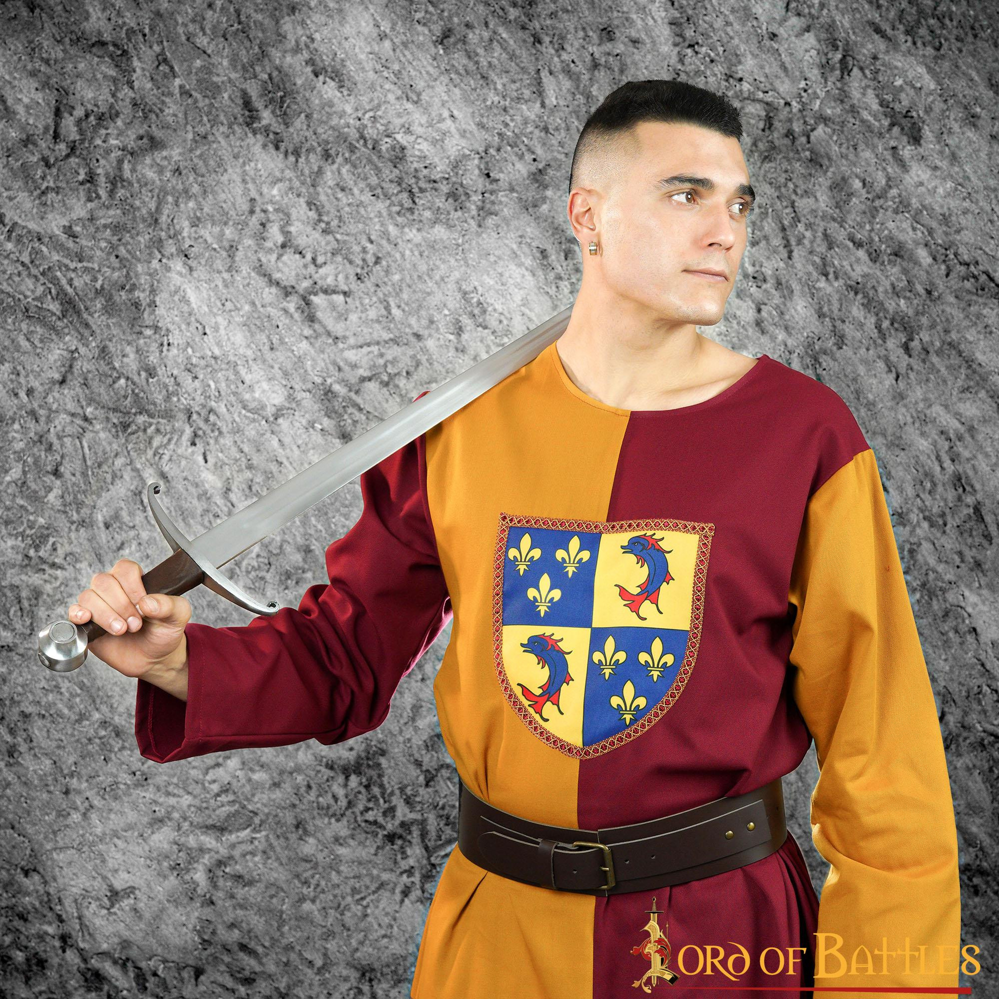 Tabardo medieval bicolor escudo heráldico, mostaza-burdeos