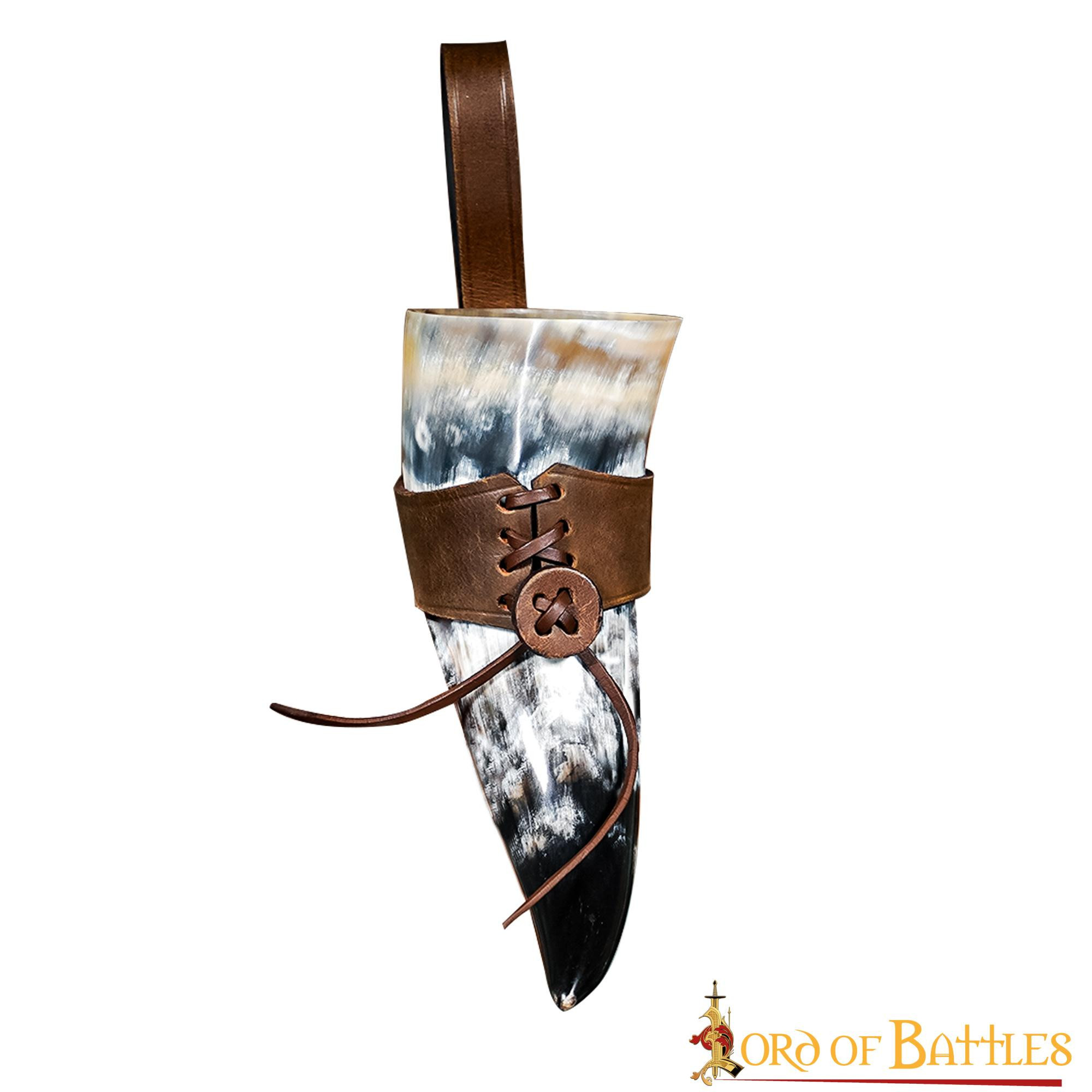 Cuerno vikingo para beber con tahalí de cuero