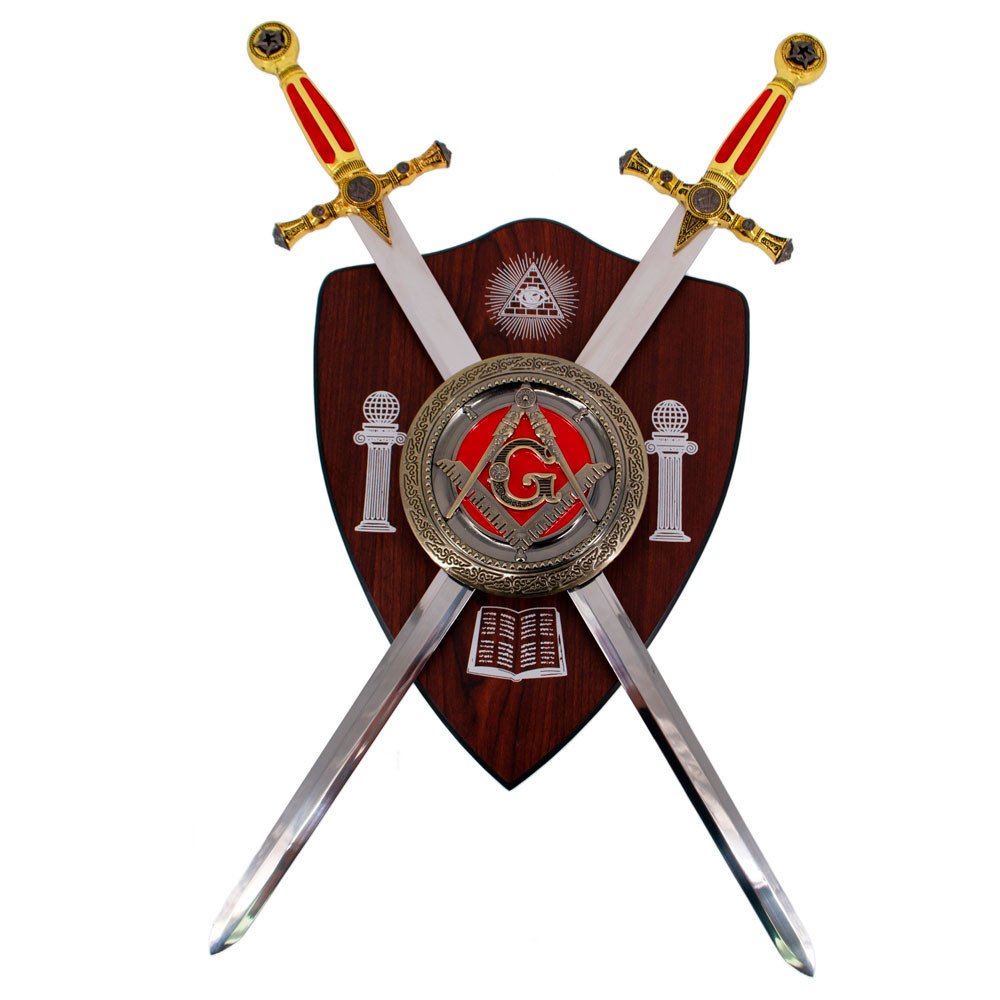 Panoplia Masona con 2 espadas y escudo, acabado rojo