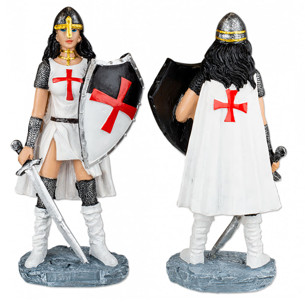 Miniatura mujer templaria con casco, escudo y espada (18 cm.)