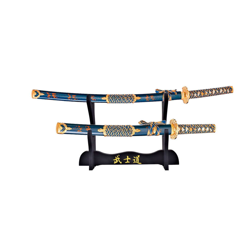 Pack Samurai Katana, Wakizashi y soporte, Azul-Oro