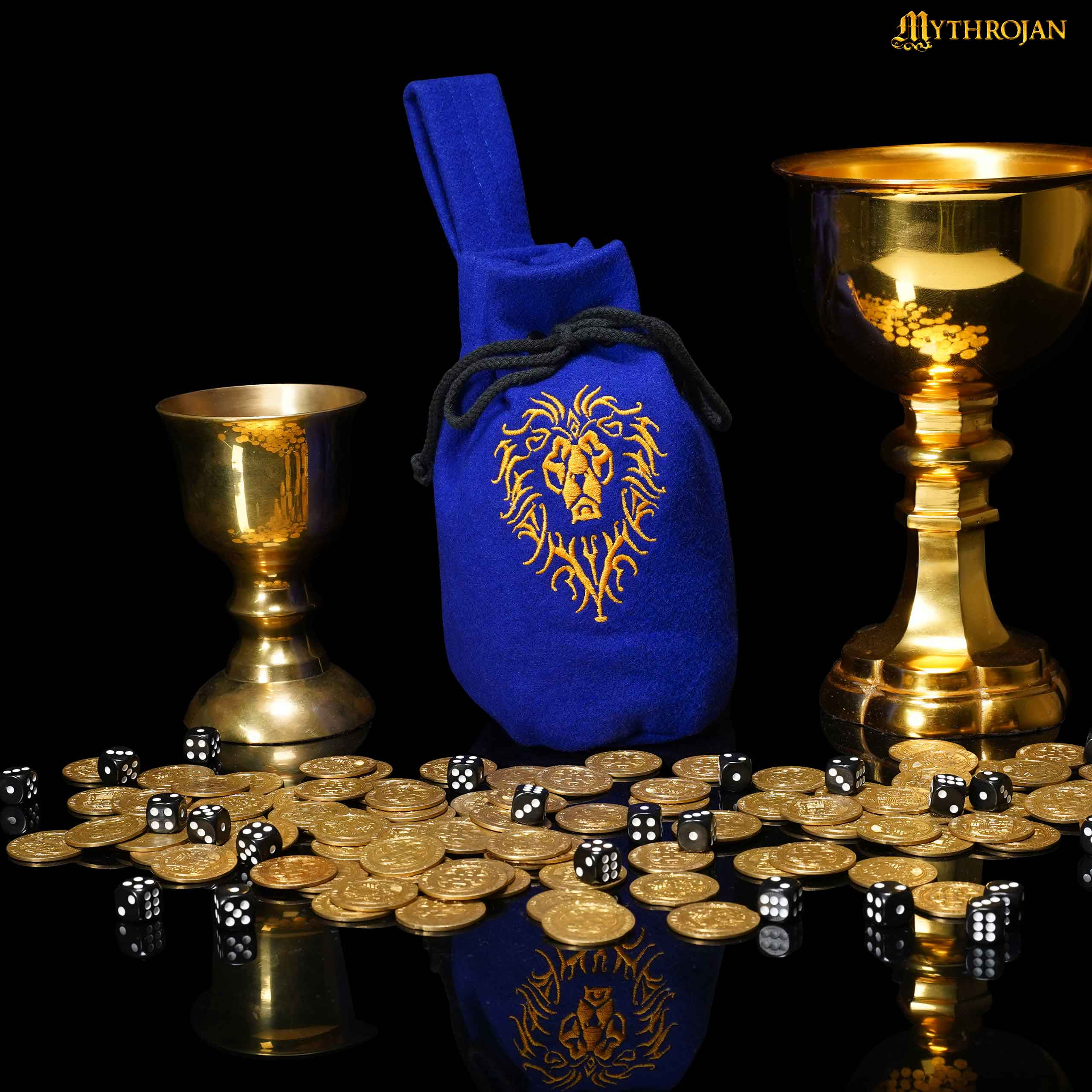 Bolsa limosnera medieval en lana diseño león, color azul