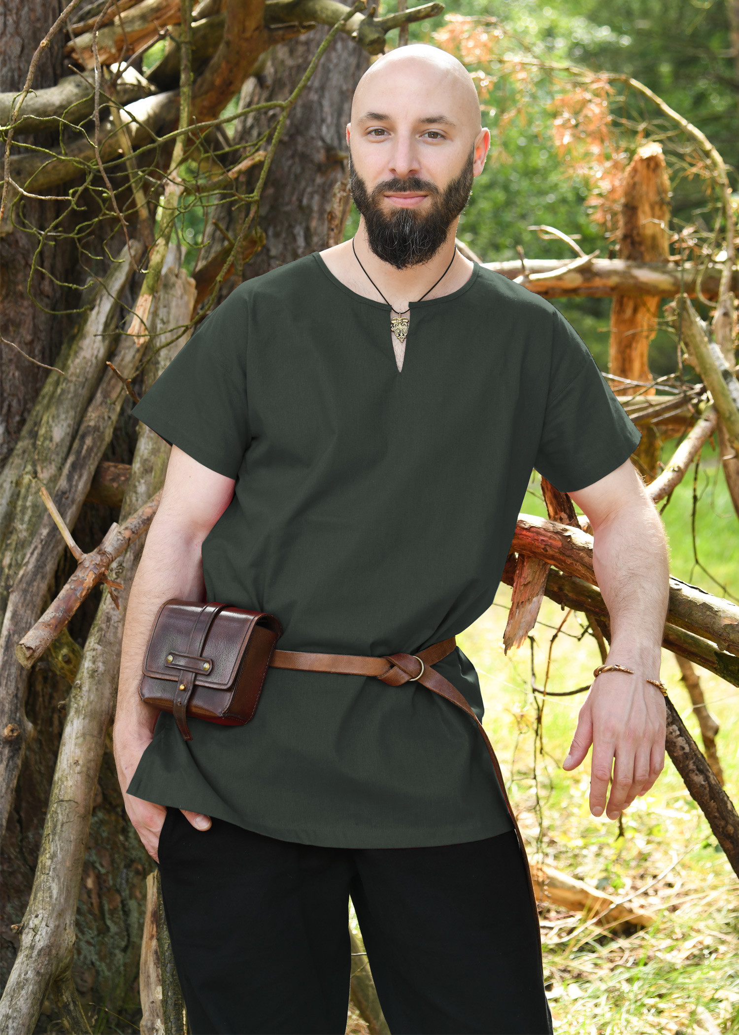 Túnica medieval manga corta, modelo Sigmund, verde oliva
