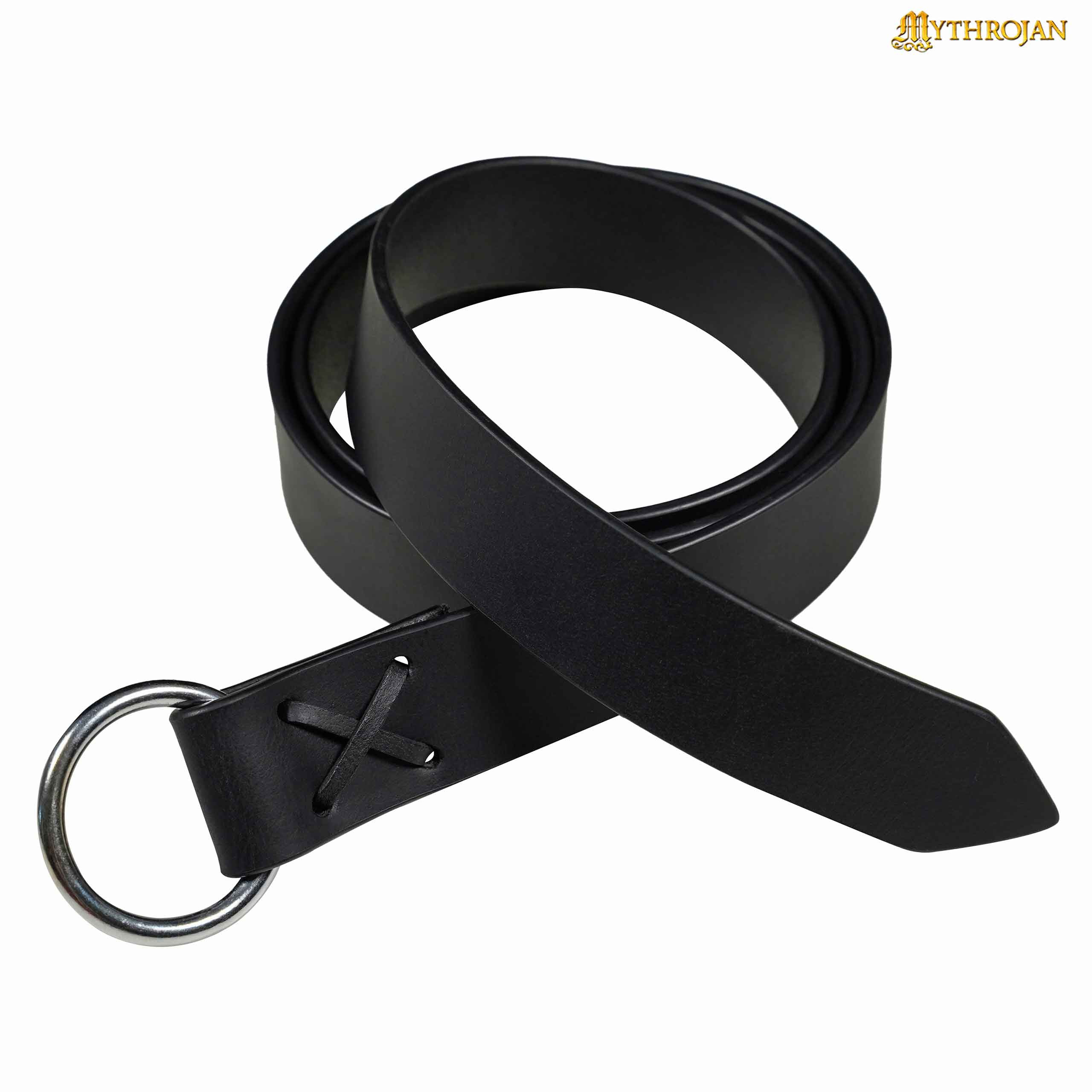 Cinturón medieval de cuero negro con anilla