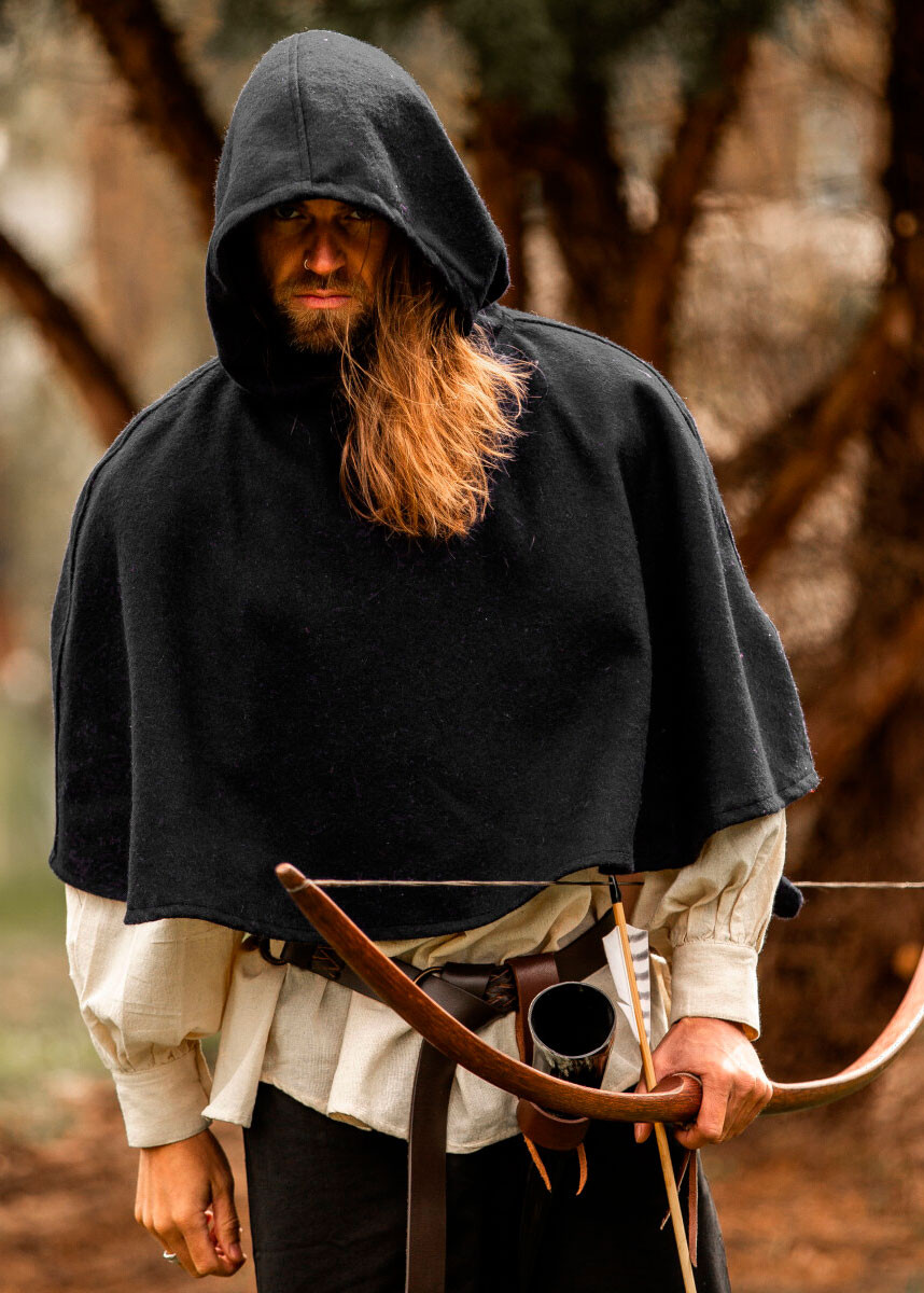 Gugel medieval de lana modelo Paul, negro