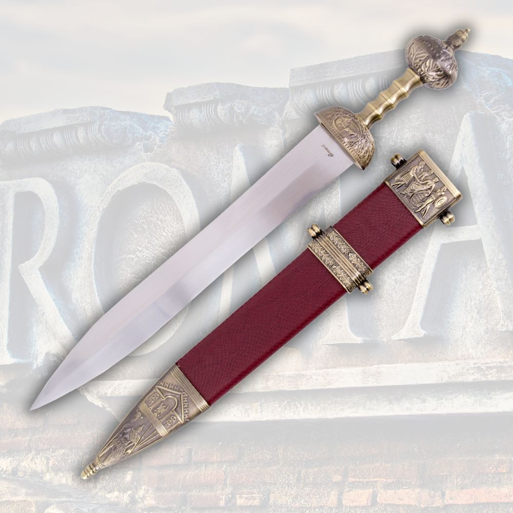Espada romana Gladius vaina negra decorada, acabado bronce