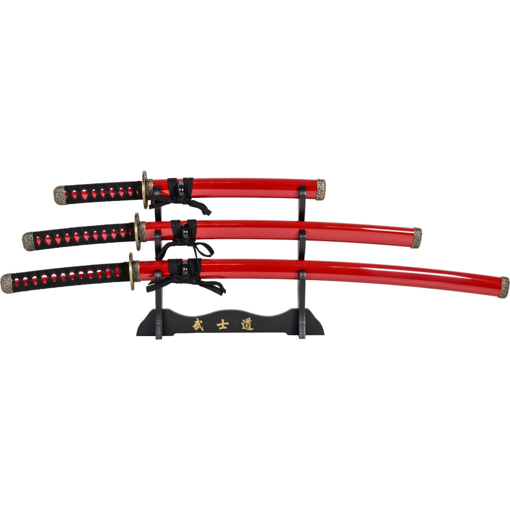 Set Katana Wakizashi y Tanto decortivo con soporte, color rojo