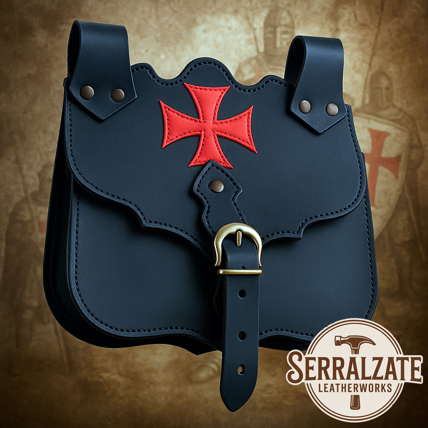 Bolso medieval en cuero modelo Cruzado, color negro