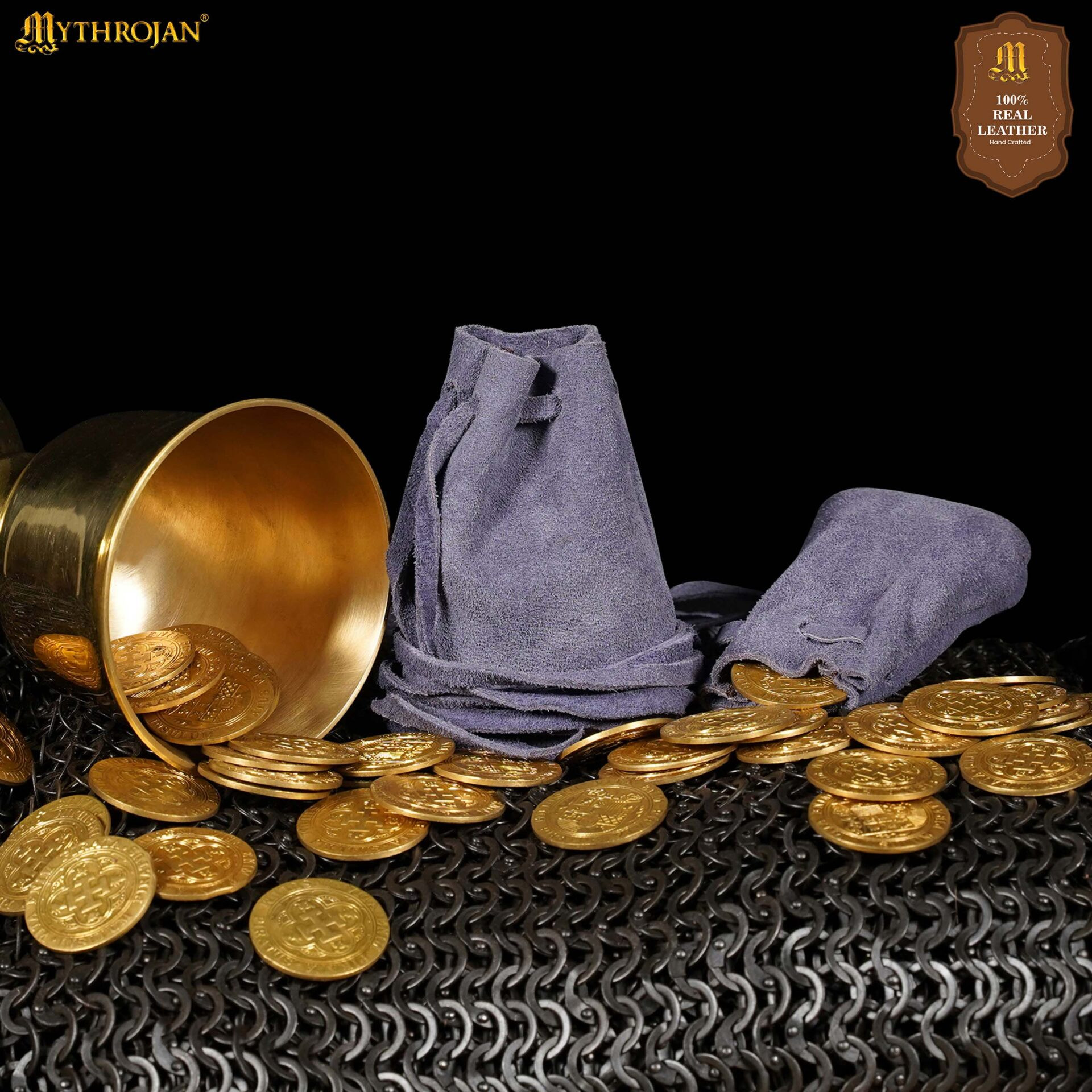 Pack 2 bolsas limosneras medievales en piel de ante, color azul