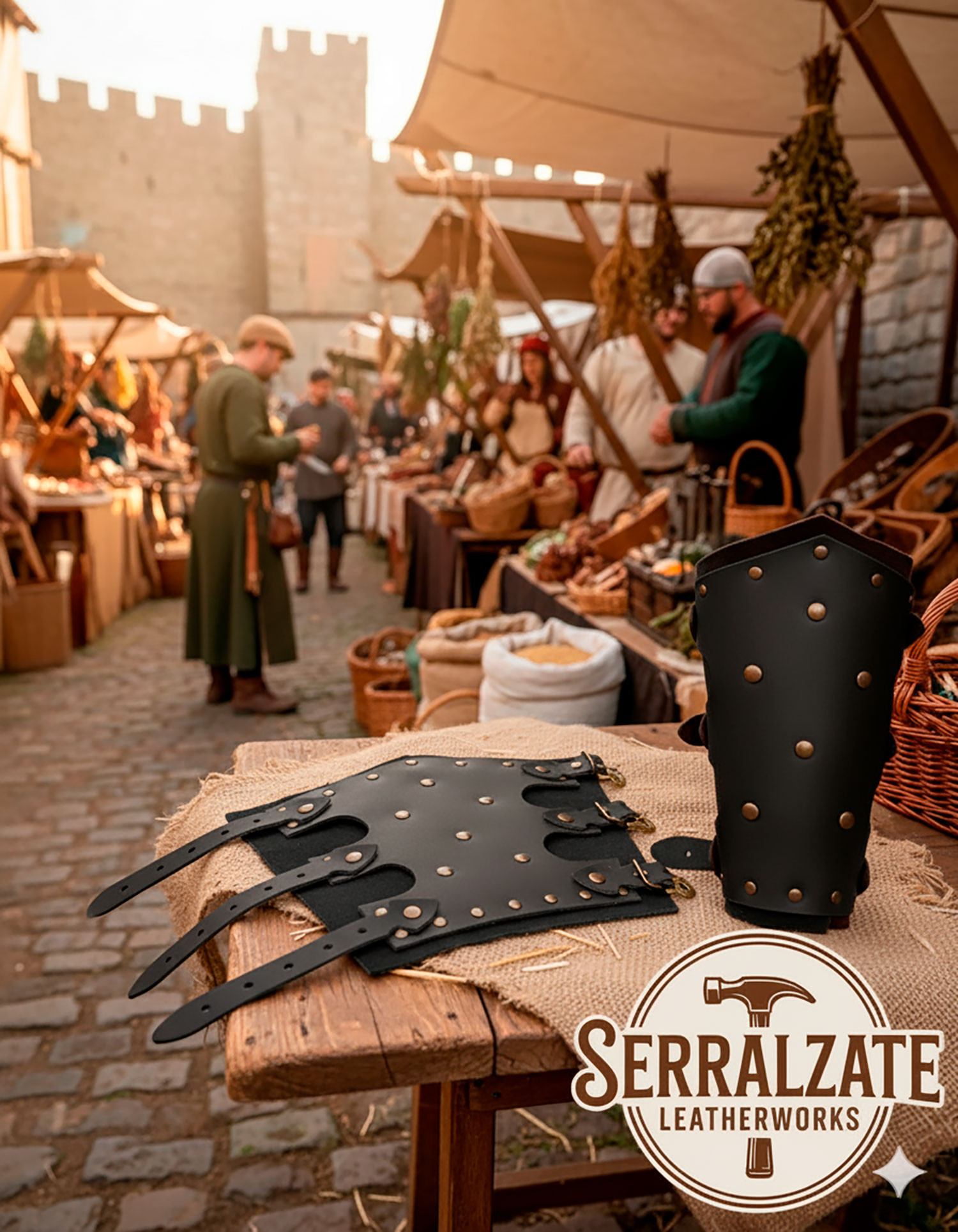 Brazaletes medievales Badulf tres correas en negro