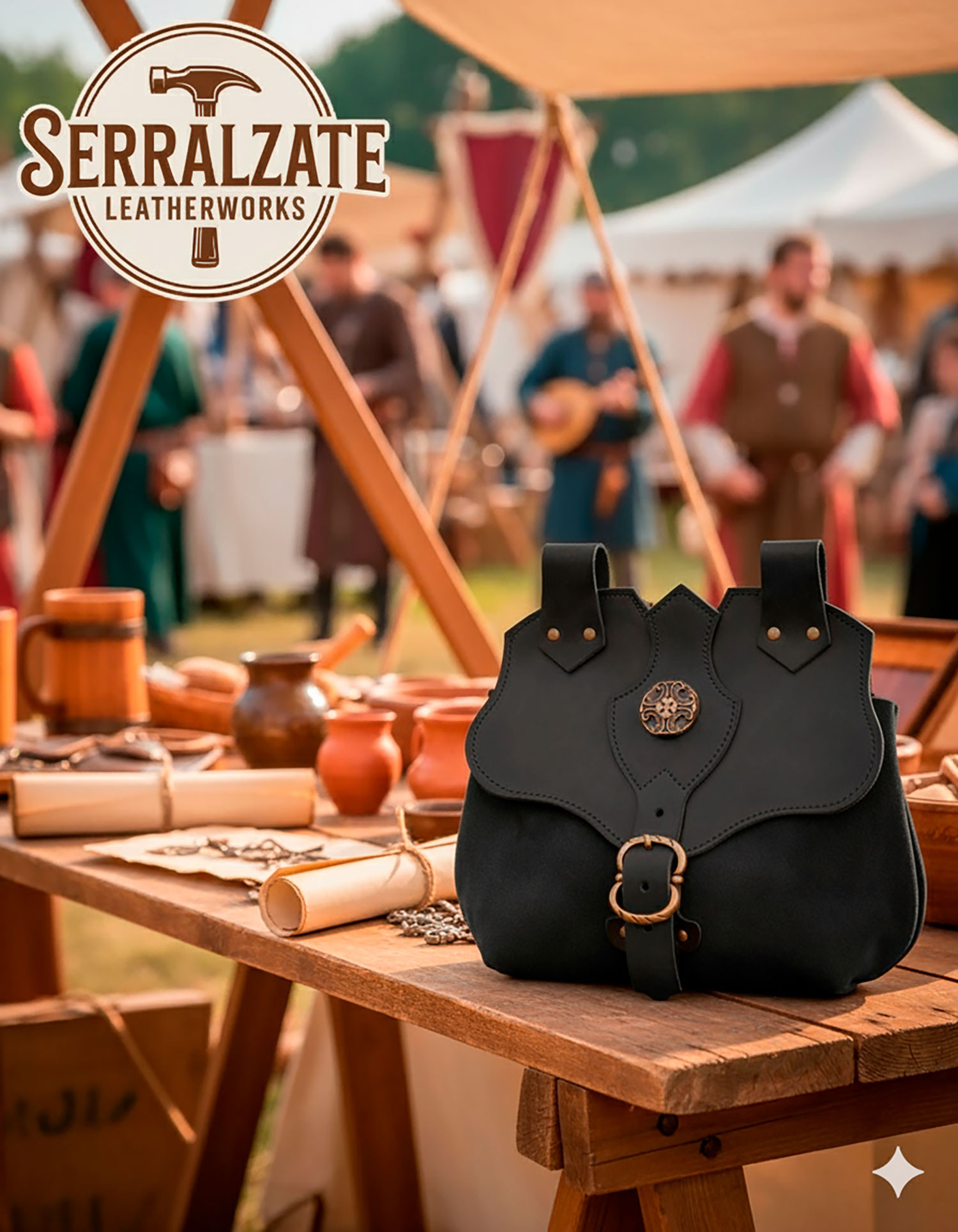 Bolso medieval en cuero modelo Samuel, color negro