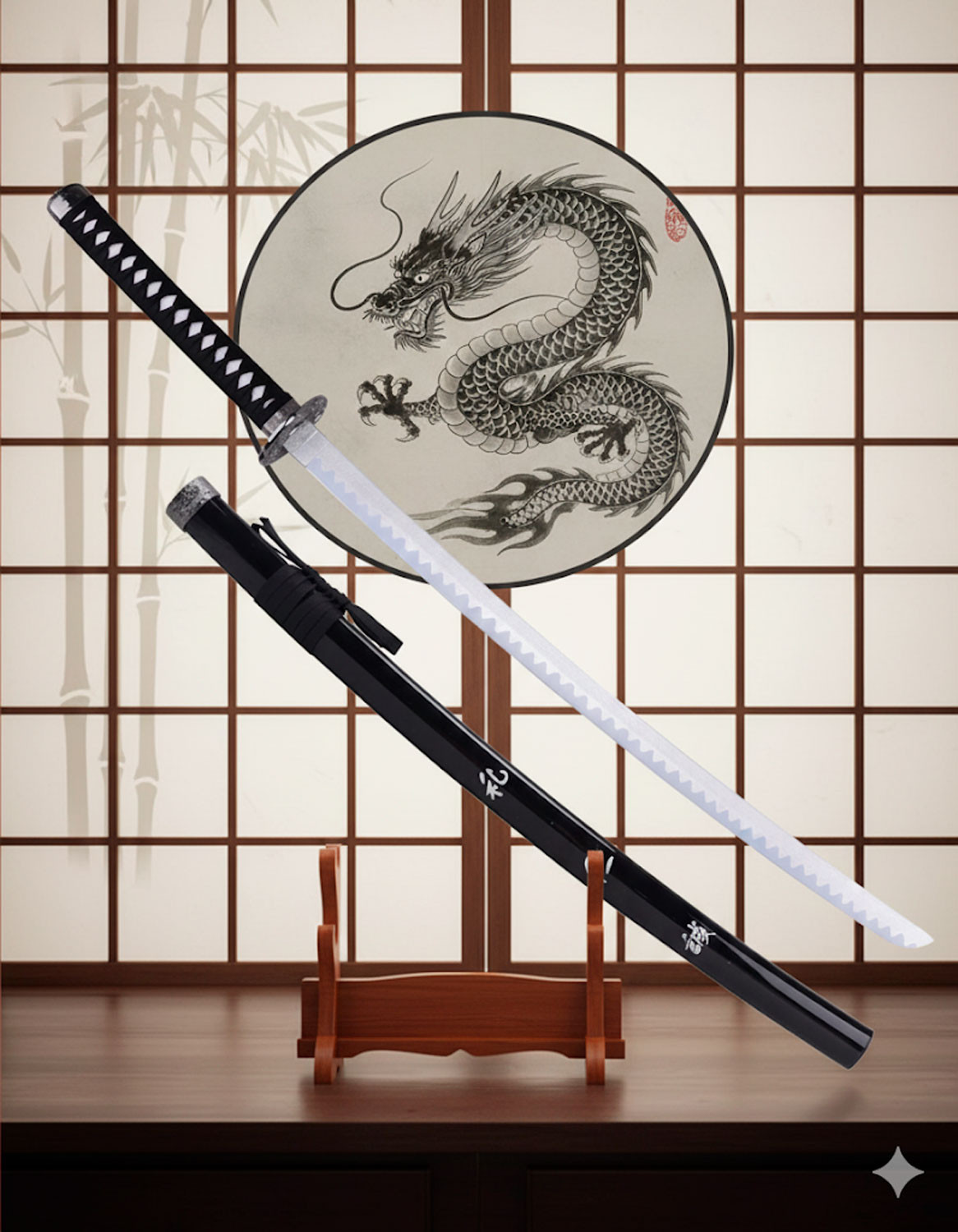 Katana decorativa tsuba Dragón y hoja bambú (103 cm.)