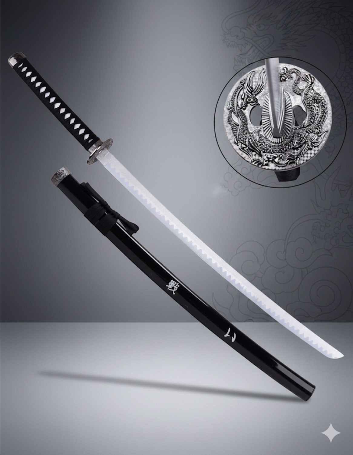 Katana decorativa tsuba Dragón Fantasía, hoja bambú (103 cm.)